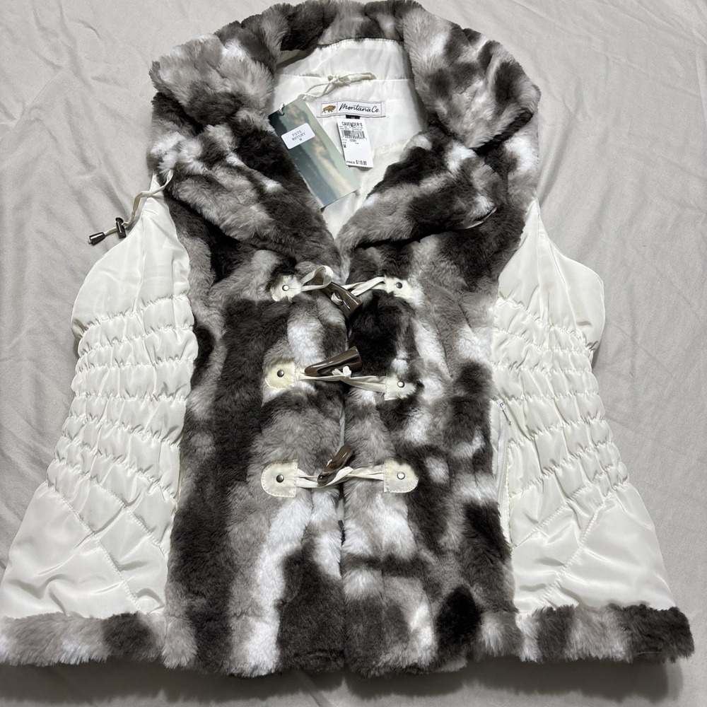 New Montana Co Women Faux Fur Vest with Zipper Pockets F575 SizeM Gray White NWT